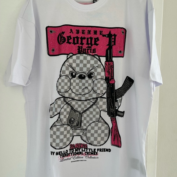Avenue George V Paris T-Shirt Men's White Shirt Teddy Bear Rhinestone  XL 2XL - Picture 7 of 13